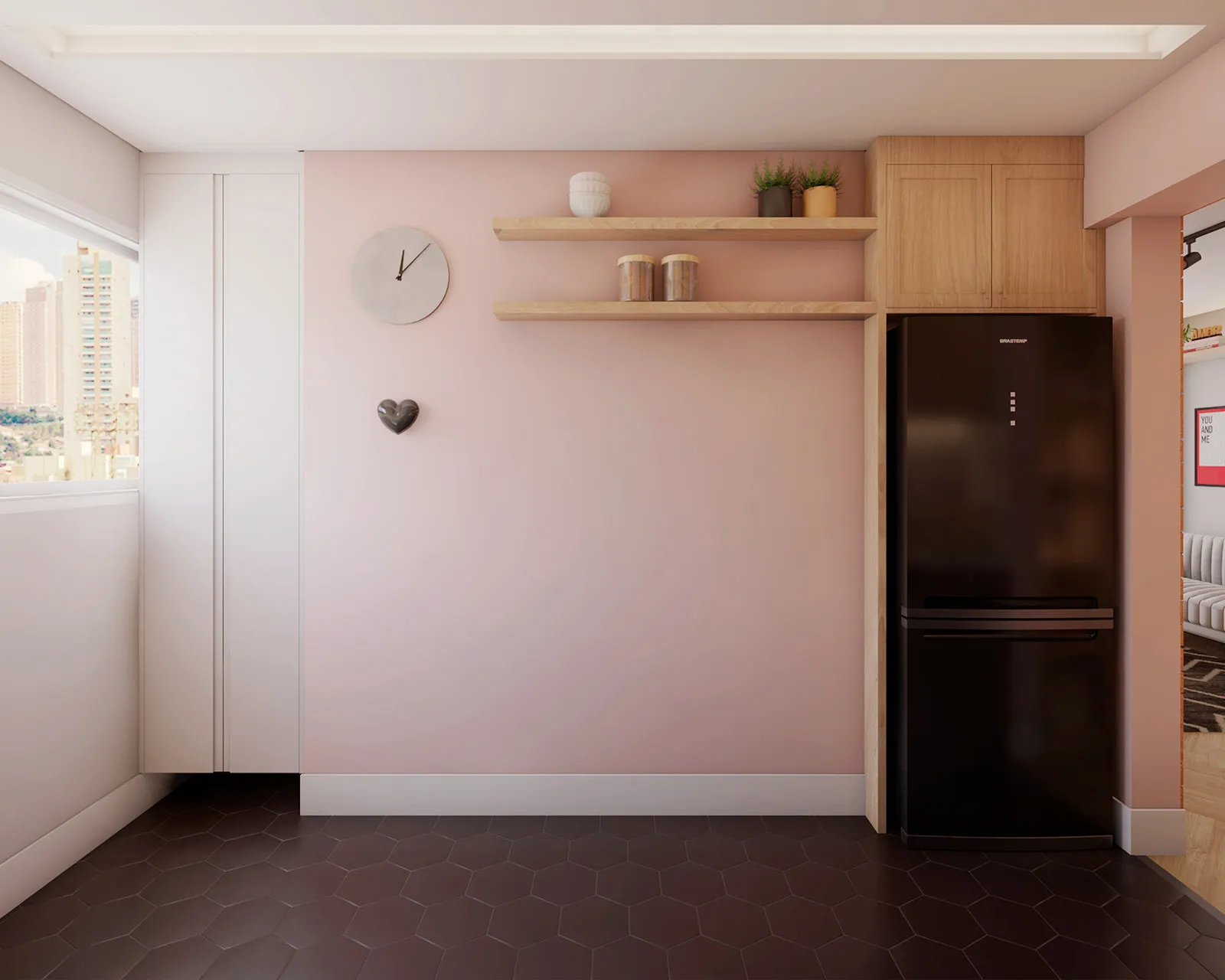 Cozinha com parede rosa, prateleiras de madeira, relógio e coração decorativo, geladeira preta embutida e piso hexagonal escuro