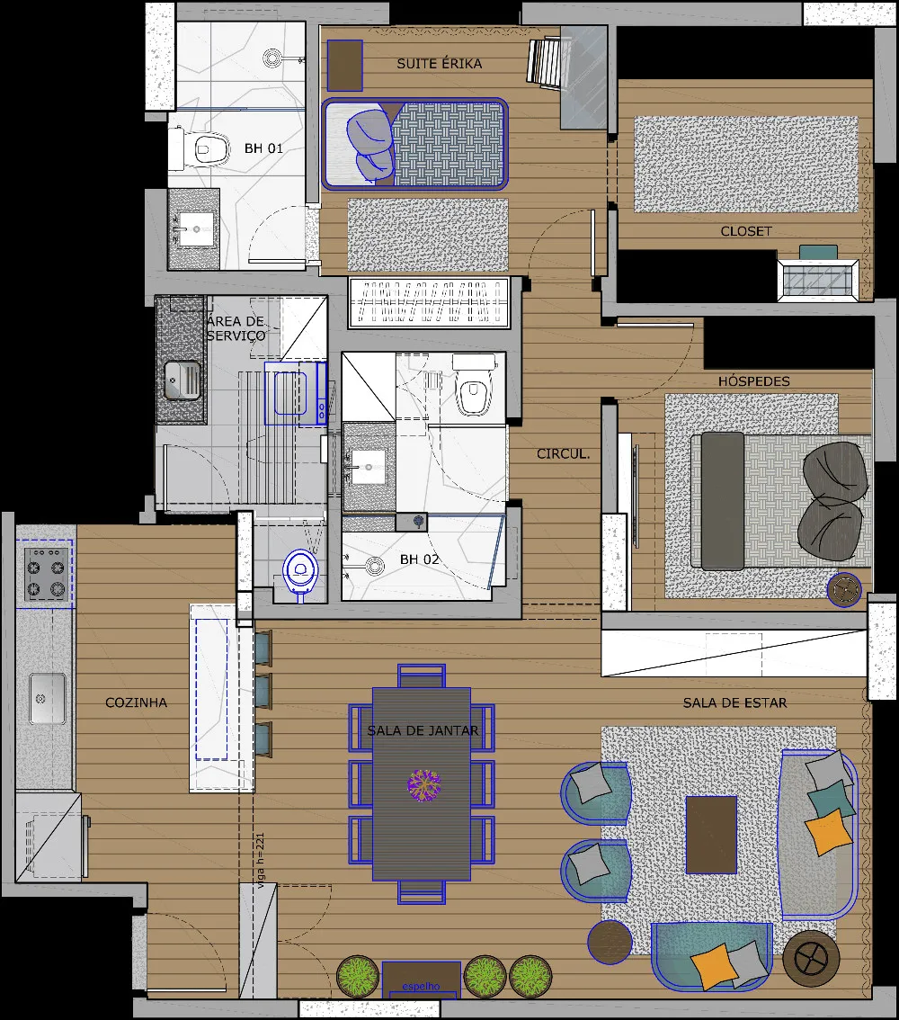 Planta baixa do apartamento mobiliado, com cozinha, sala de estar e jantar, suíte, quartos e área de serviço