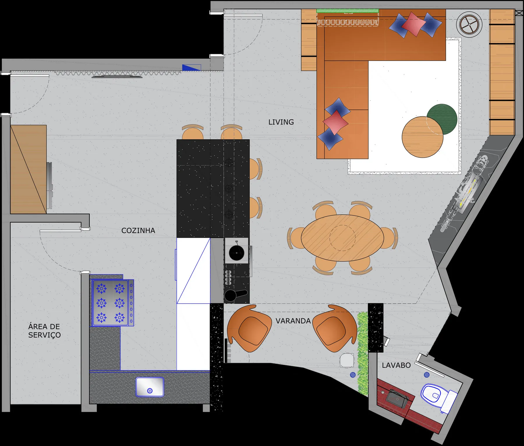 Planta baixa do apartamento com living, cozinha, área de serviço, varanda e lavabo, com a marcenaria projetada e a moto exposta