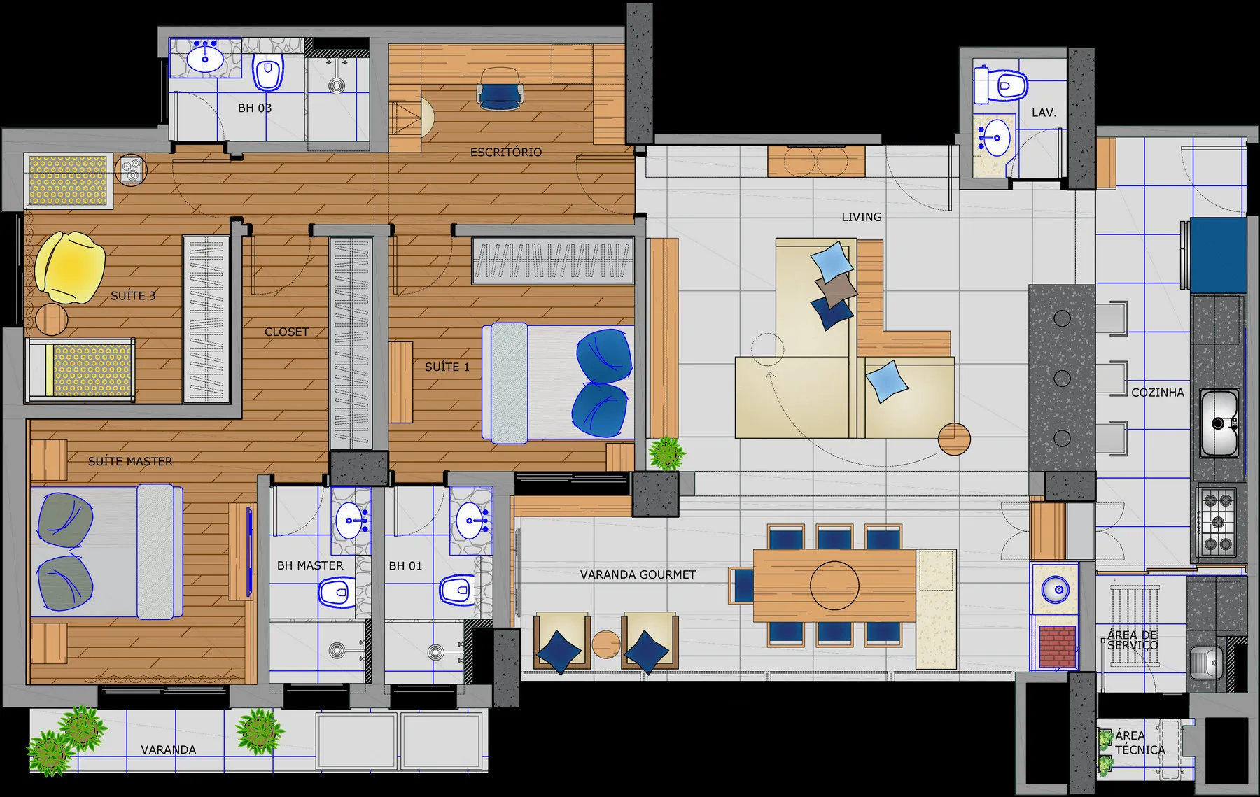 Planta baixa mobiliada do apartamento com living, cozinha, varanda gourmet, escritório, três suítes e banheiros