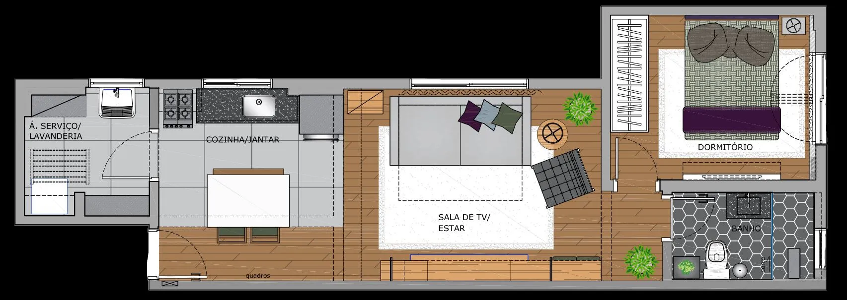 Planta baixa do studio com área de serviço, cozinha e jantar, sala de TV, dormitório e banheiro mobiliados