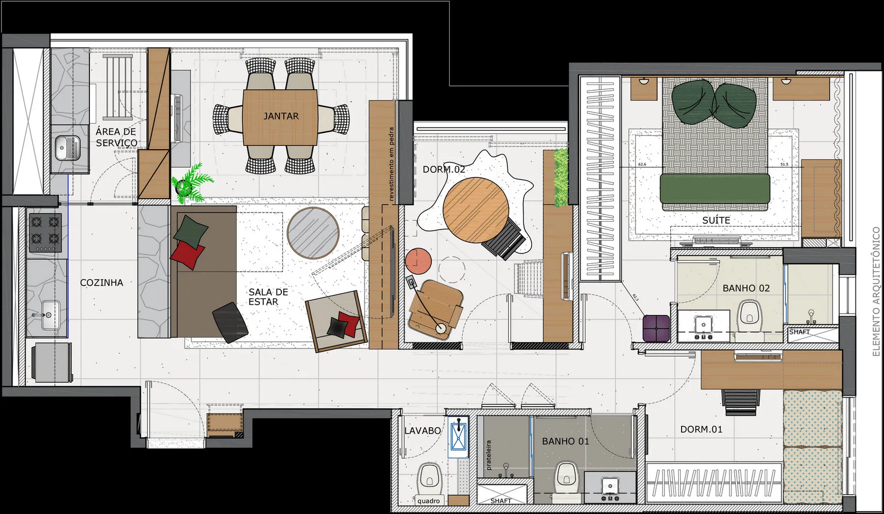 Planta baixa do apartamento com a divisão dos ambientes, mobiliário e marcenaria projetada em cada cômodo