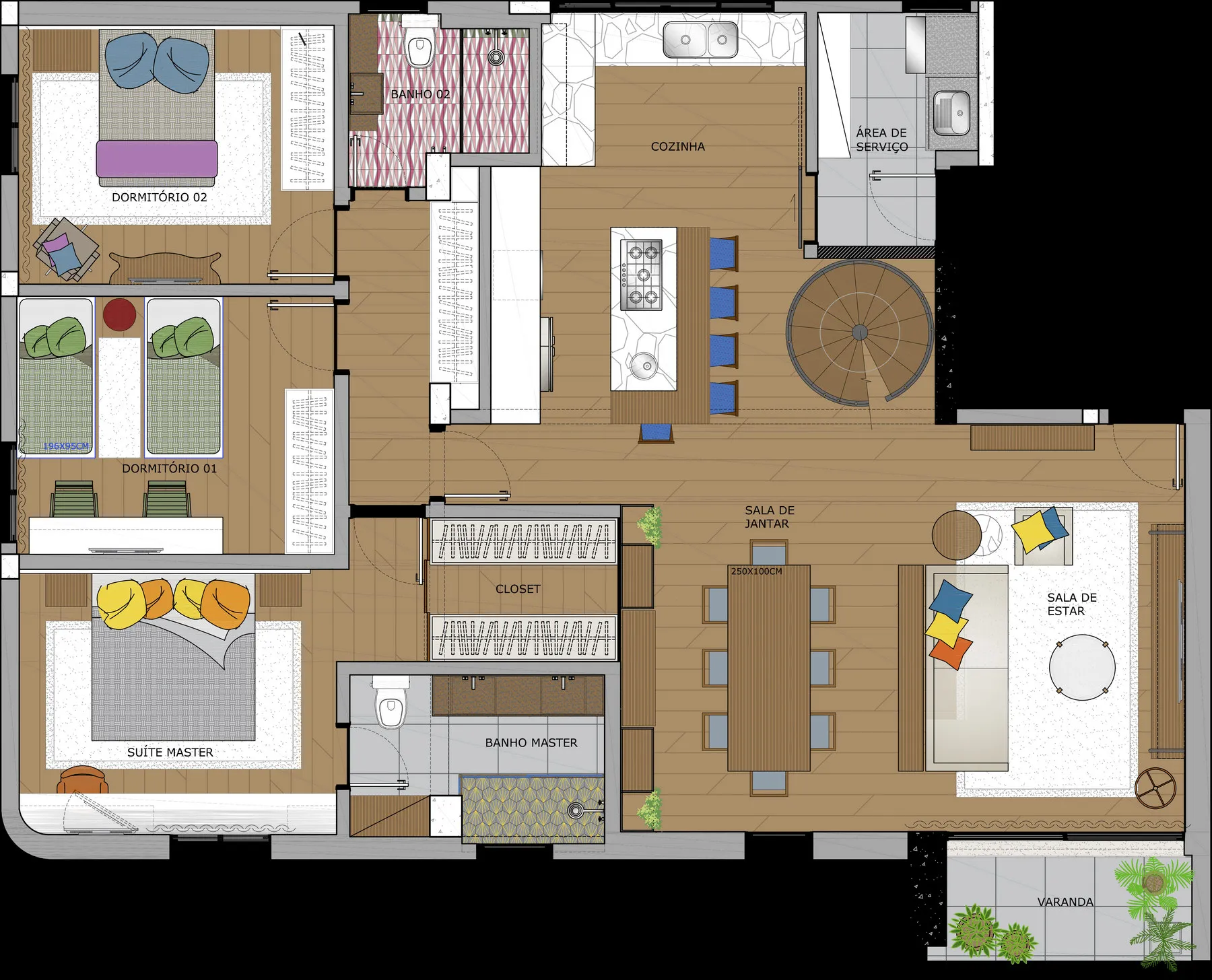 Planta baixa do pavimento íntimo com dormitórios, suíte master, closet, cozinha e salas integradas
