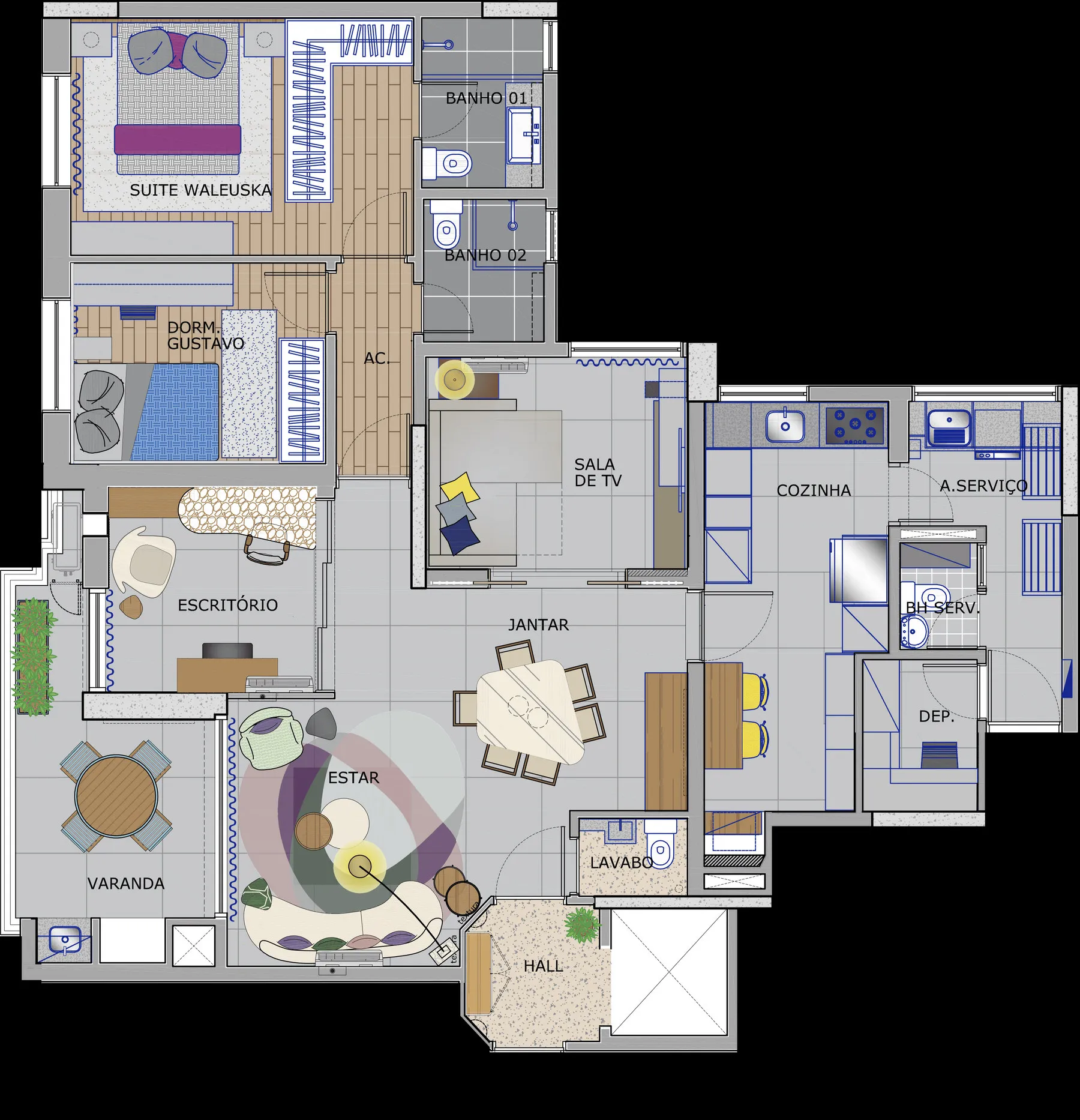 Planta baixa do apartamento com a divisão dos ambientes, suíte, dormitório, cozinha, varanda e a mobília projetada