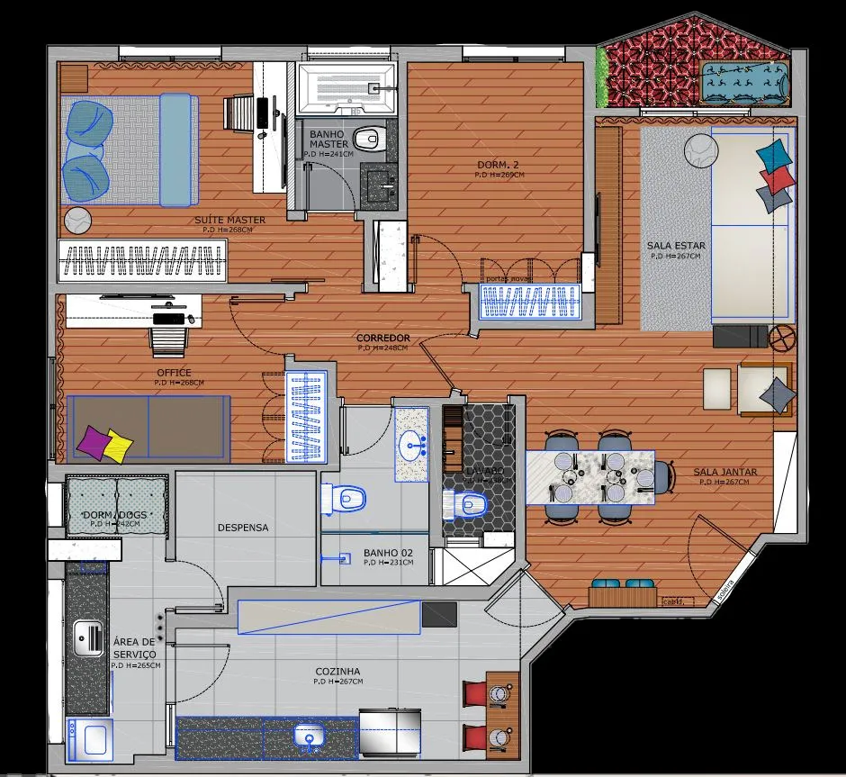 Planta baixa do apartamento com a divisão dos ambientes, mobiliário, suíte, cozinha e áreas sociais