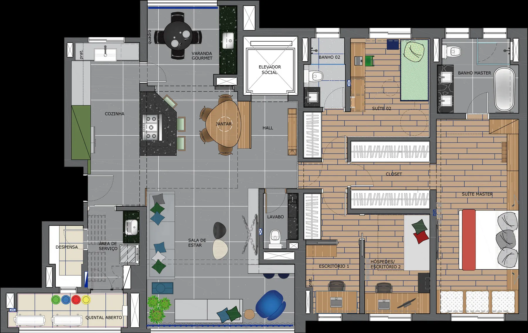 Planta baixa do apartamento com cozinha, sala, varanda gourmet e três suítes, com mobiliário e marcenaria projetados