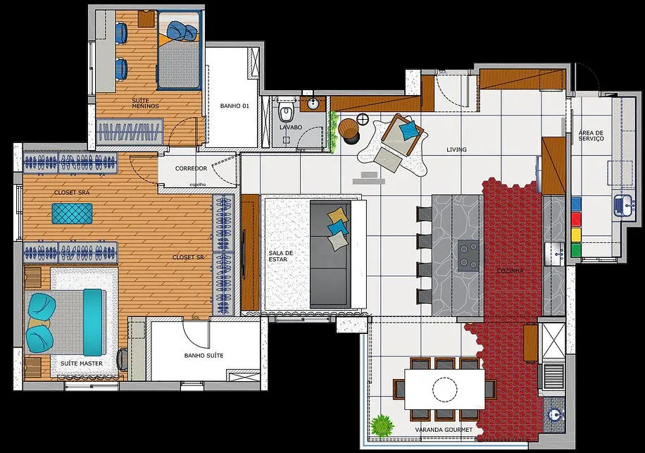 Planta baixa colorida com suíte master, closets, suíte dos meninos, living, cozinha e varanda gourmet