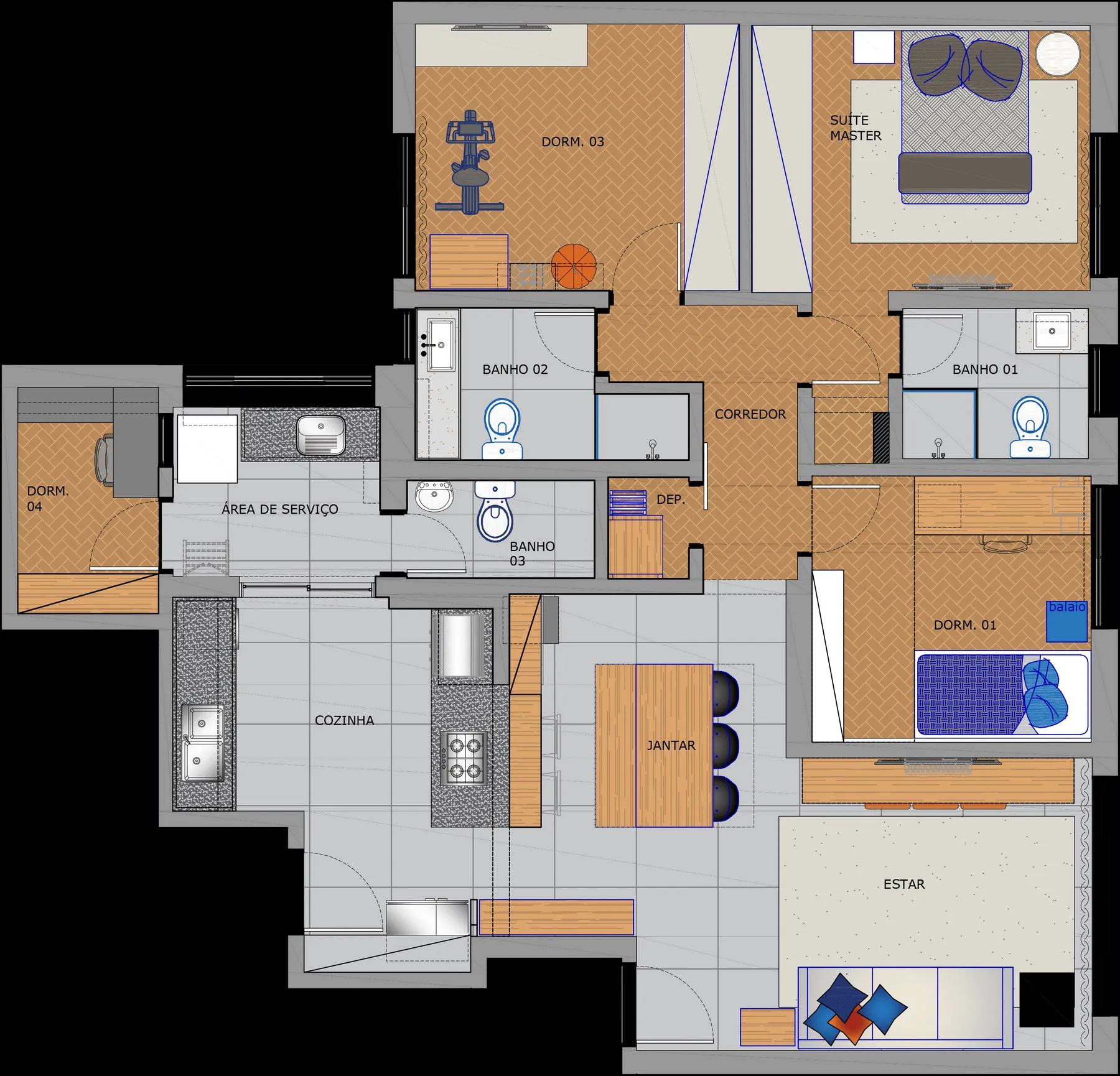 Planta baixa do apartamento com a divisão dos ambientes, mobiliário e a marcenaria projetada
