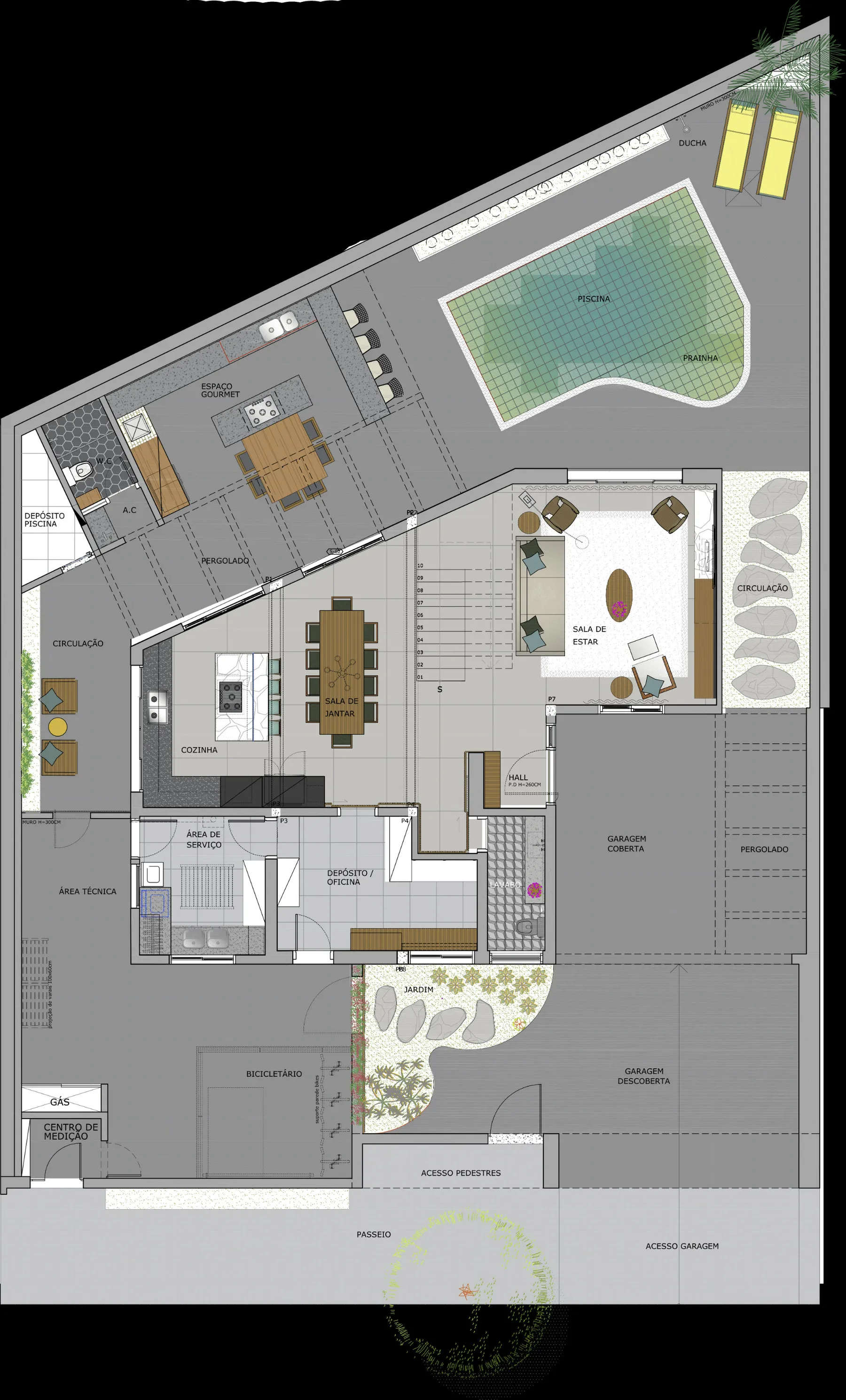 Planta baixa do térreo com sala de estar, jantar, cozinha, espaço gourmet, piscina e garagem