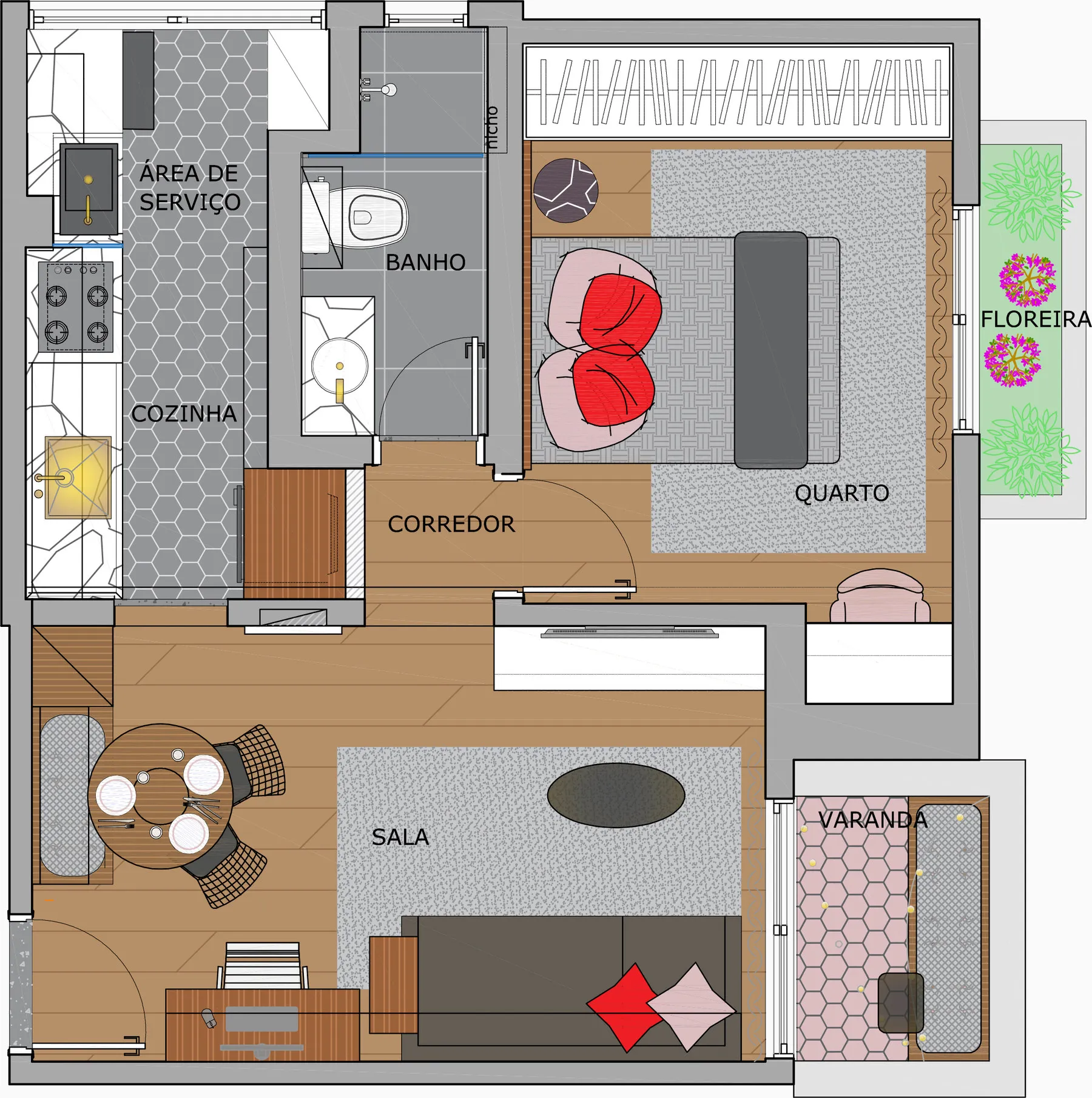 Planta baixa colorida do apartamento com a divisão dos ambientes: cozinha, área de serviço, banho, quarto, sala e varanda