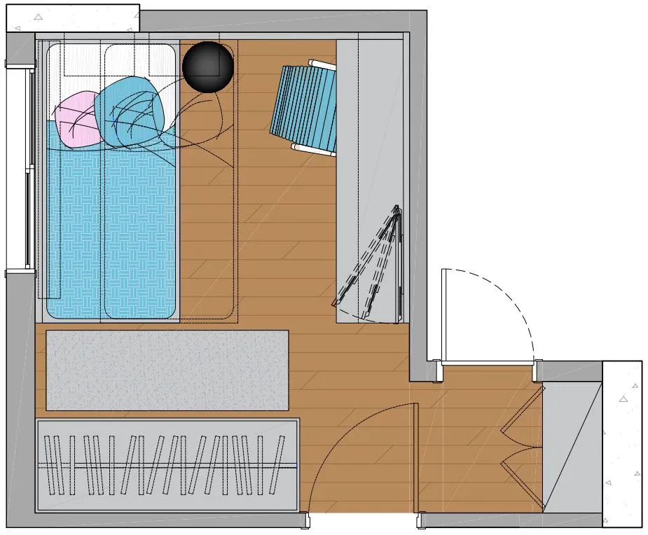 Planta baixa do quarto com cama de solteiro, poltrona, guarda-roupa e a marcenaria projetada nas paredes