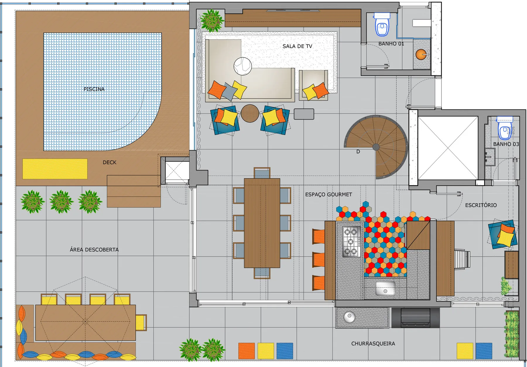 Planta baixa da cobertura com piscina, deck, espaço gourmet, churrasqueira, sala de TV e escritório