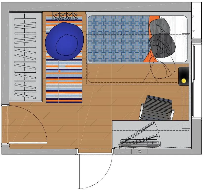 Planta baixa do quarto com guarda-roupa, tapete e pufe, cama, bancada de estudo com cadeira e a marcenaria projetada