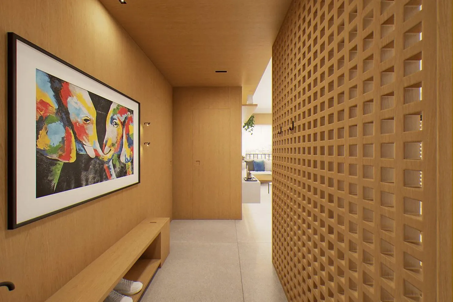 Hall de entrada com cobogó de madeira e marcenaria sob medida, apartamento em Santo André