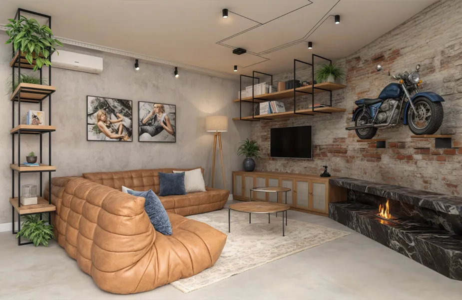 Sala de estar com sofá de couro caramelo, parede de tijolo aparente, lareira embutida e moto exposta na parede