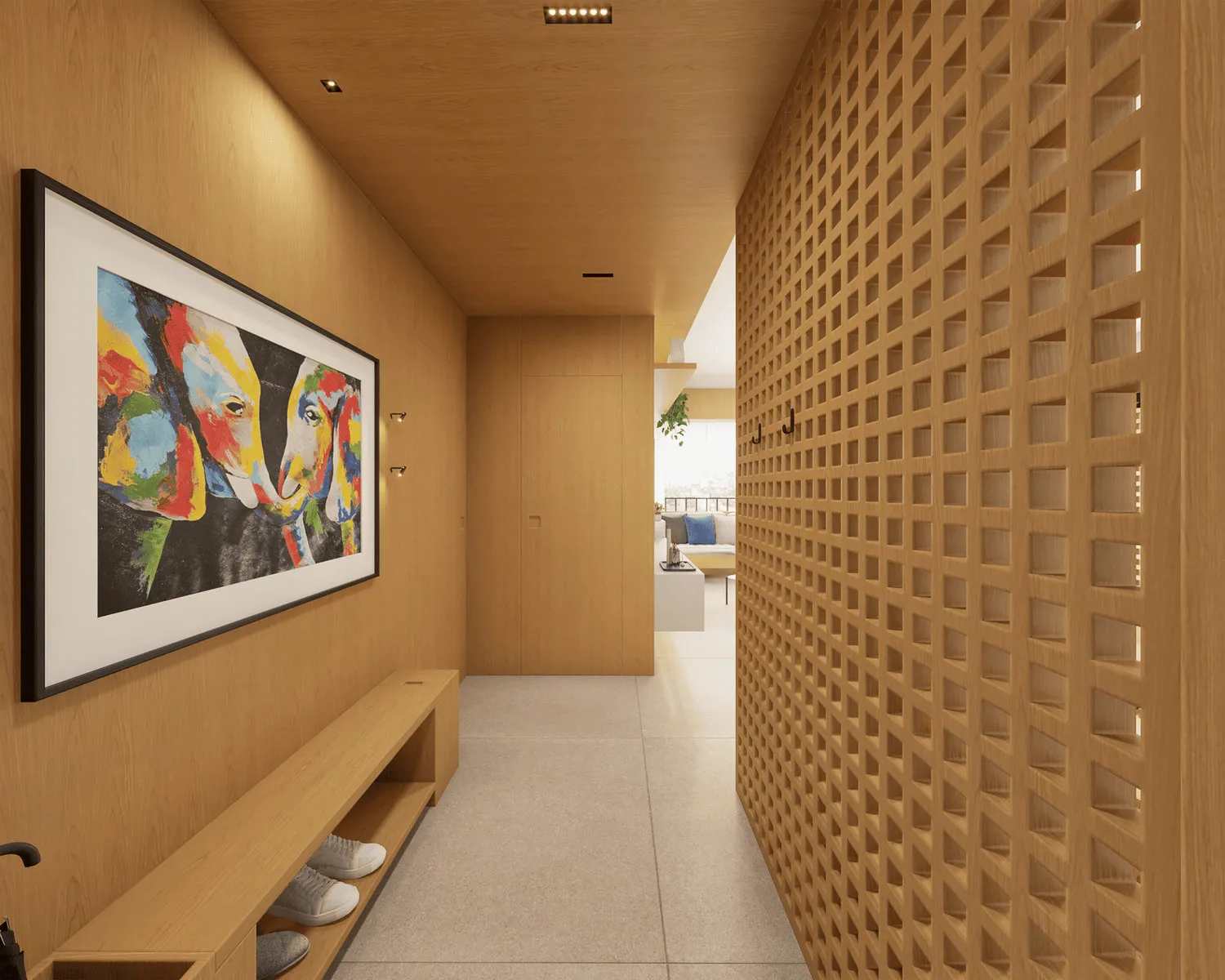 Render do hall de entrada com parede ripada vazada de madeira, banco embutido e quadro colorido de elefantes