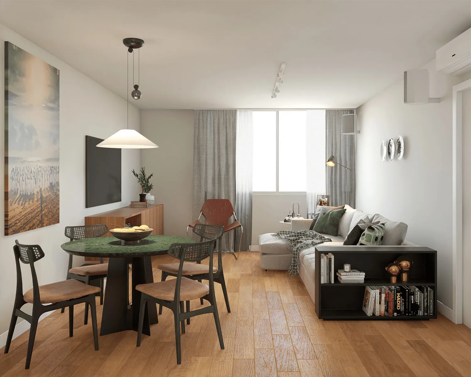 Projeto 3D da sala com mesa redonda de mármore verde, cadeiras pretas, sofá cinza e piso de madeira clara