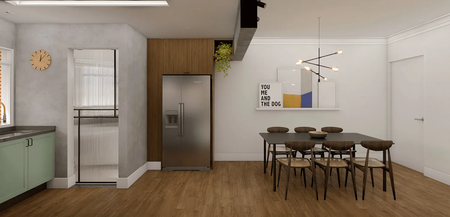 Render da sala de jantar com mesa preta e cadeiras de palhinha, lustre sputnik, geladeira inox em painel ripado e quadro geométrico