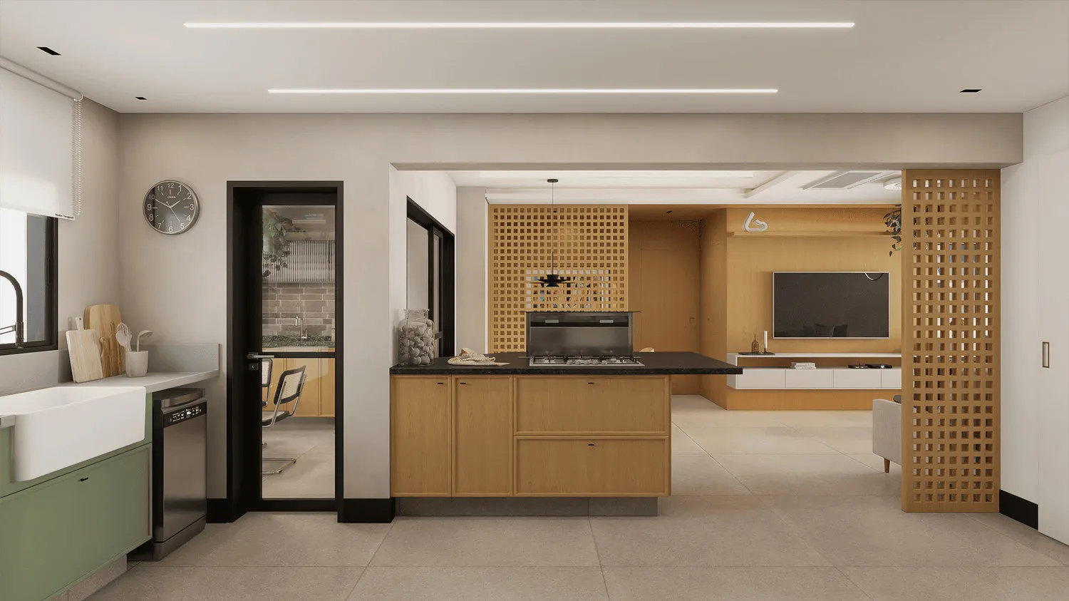 Render da cozinha com ilha de madeira e cooktop, cuba branca e sala com TV integrada ao fundo