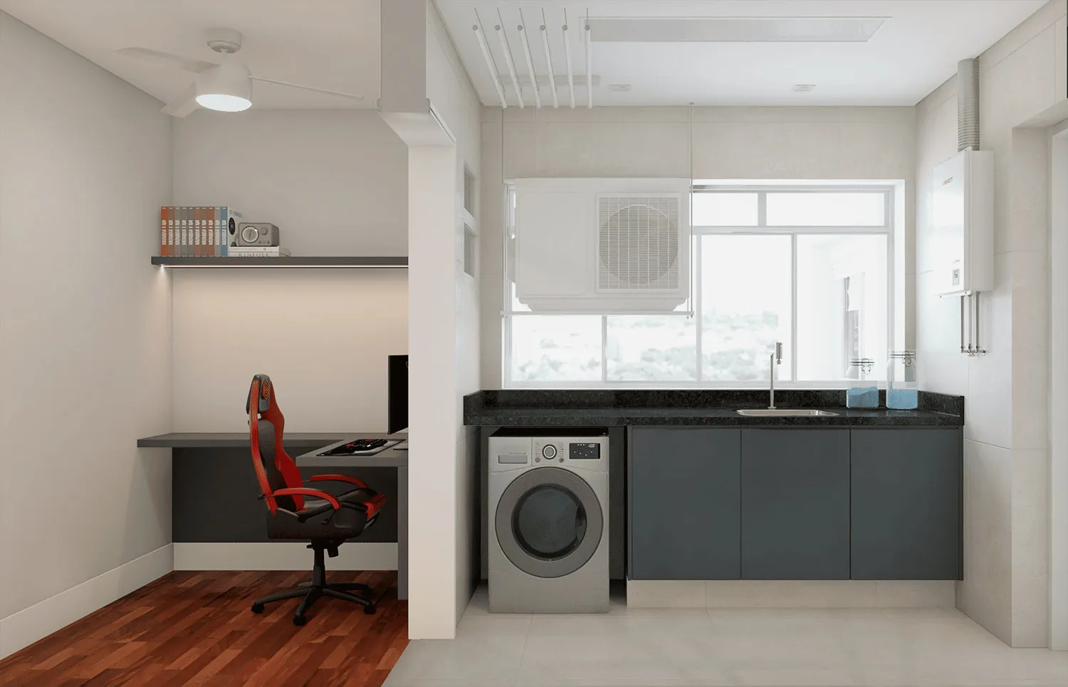 Render do home office com bancada suspensa e cadeira gamer, ao lado da área de serviço com máquina de lavar