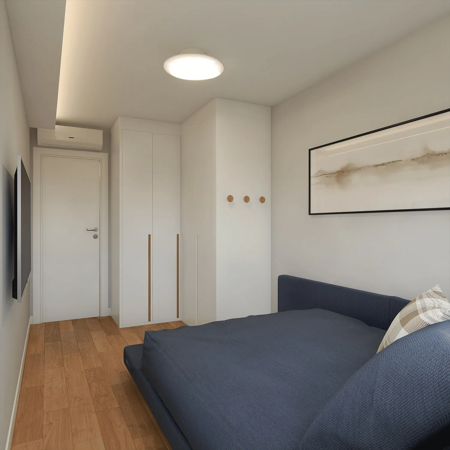 Quarto de solteiro com cama azul, guarda-roupa branco de puxadores em madeira, ganchos redondos e quadro panorâmico