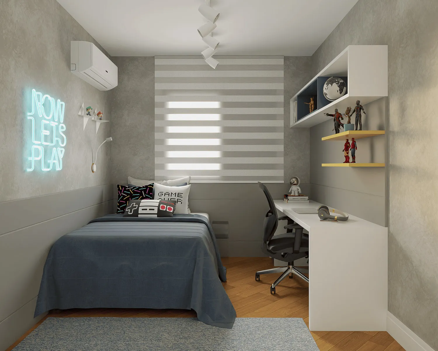 Render do quarto gamer com neon Now Lets Play, cama azul, bancada branca, prateleiras com colecionáveis e piso de madeira