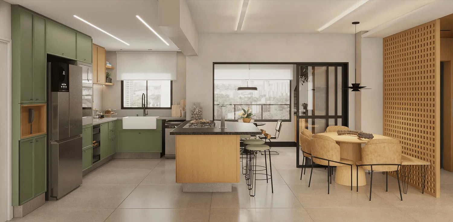 Projeto 3D da cozinha em L verde com ilha central, cooktop e mesa de jantar redonda com cadeiras bege