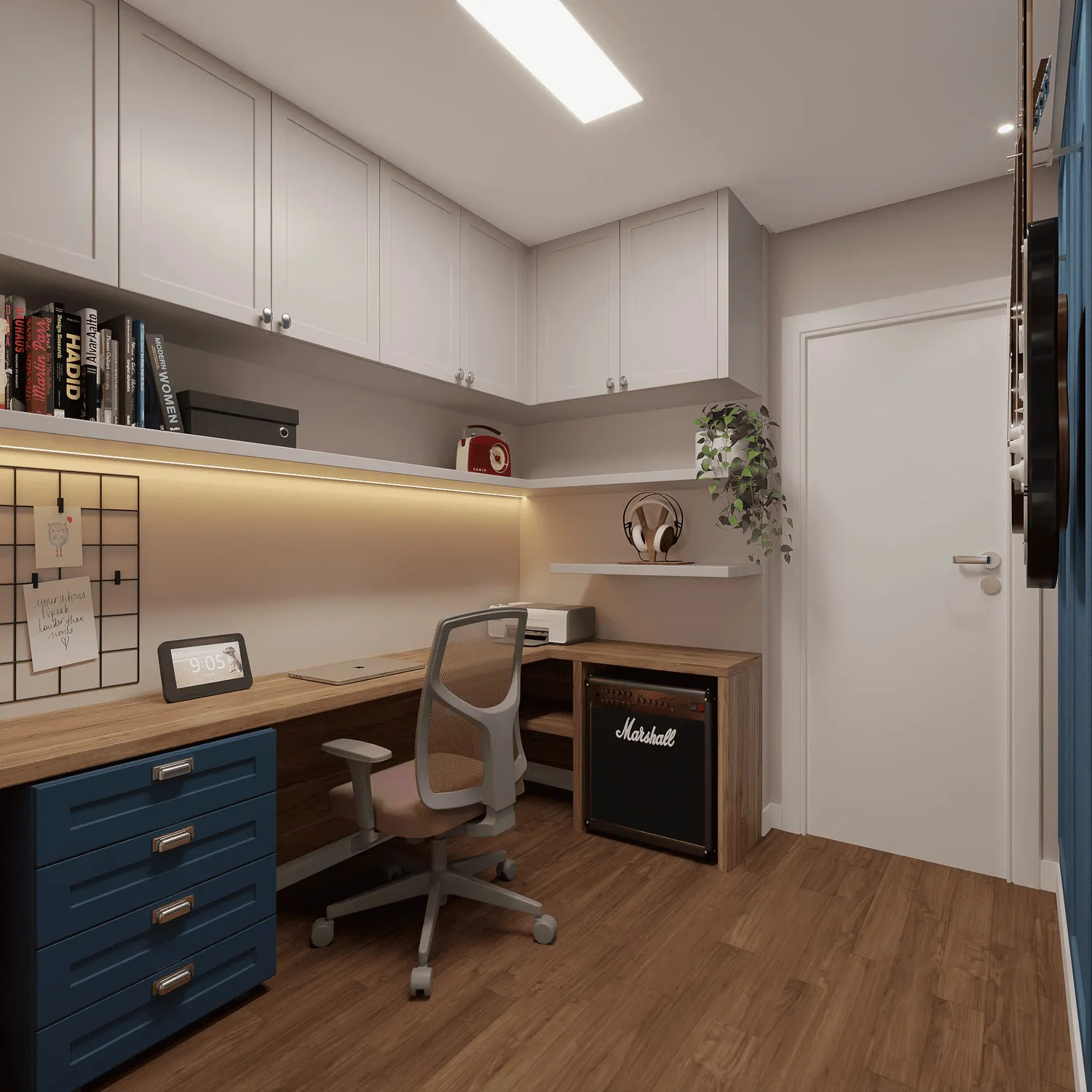 Render do escritório com bancada de madeira, gavetas azuis, armários brancos, prateleira de livros, fita de LED e amplificador Marshall