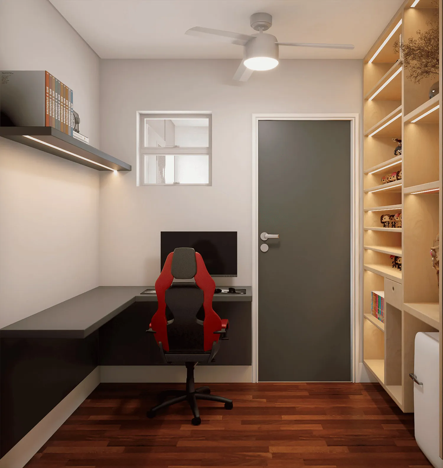 Render do escritório com bancada em L, cadeira gamer vermelha e estante de madeira iluminada com colecionáveis