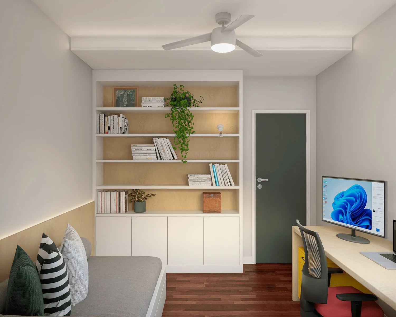Projeto 3D do quarto com estante de madeira e branca iluminada, cama, mesa de trabalho e porta verde