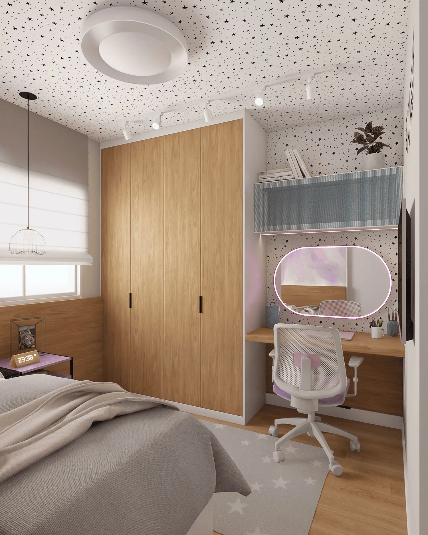 Quarto de menina com guarda-roupa de madeira, penteadeira com espelho LED oval, cadeira branca e teto estrelado