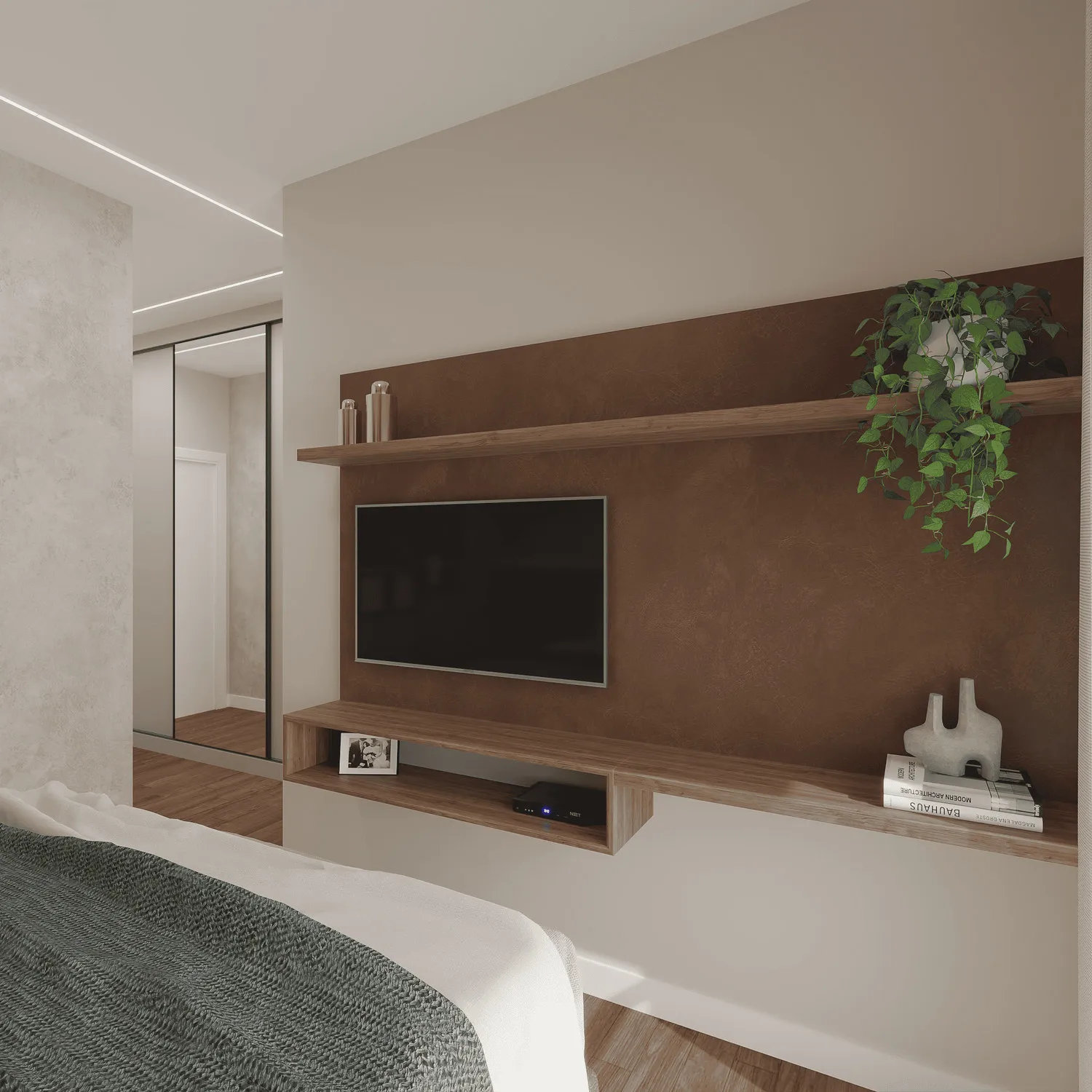 Render do quarto com painel de TV em couro marrom, prateleiras de madeira, guarda-roupa espelhado e planta pendente