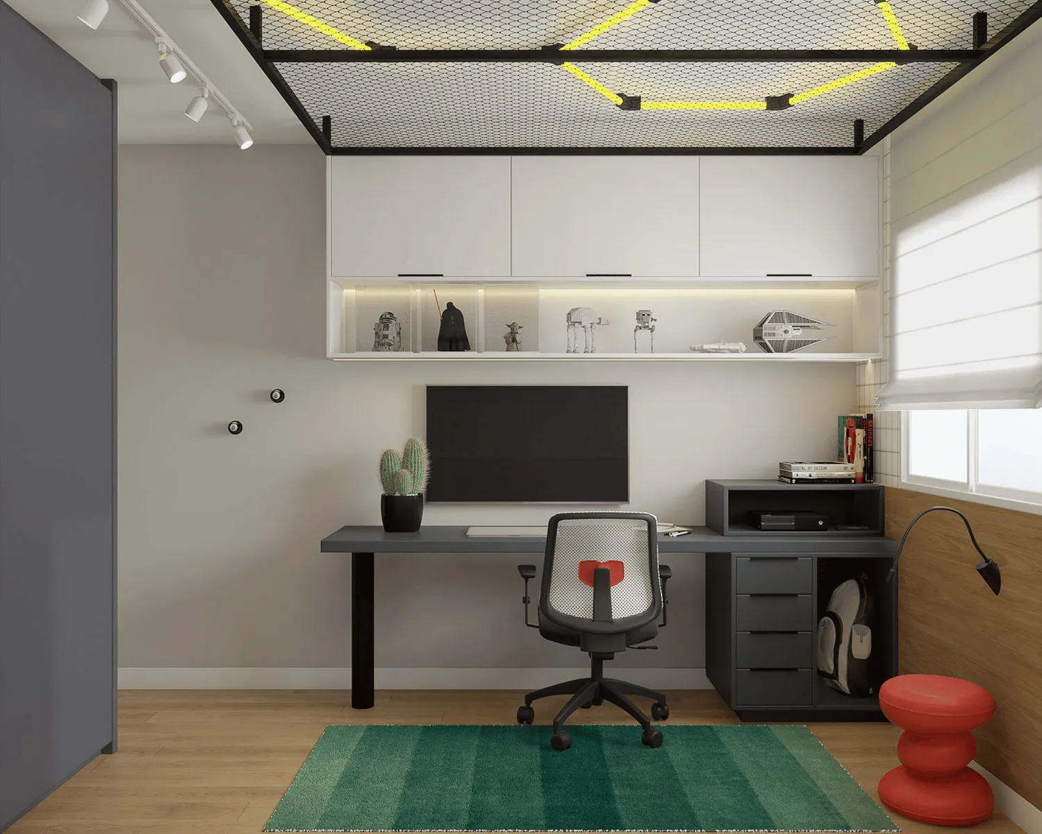 Render do quarto de menino com escrivaninha cinza, prateleira de miniaturas, tapete verde e banqueta vermelha