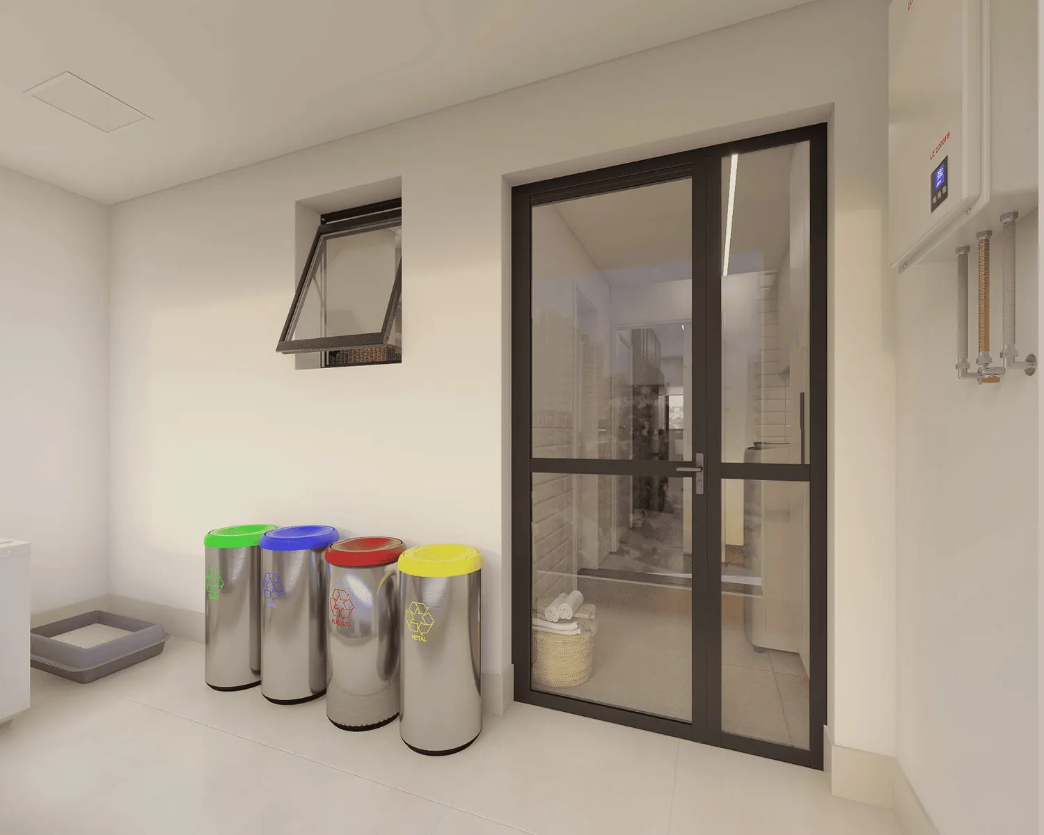 Projeto 3D da área de serviço com lixeiras de reciclagem coloridas, porta de vidro e aquecedor de passagem