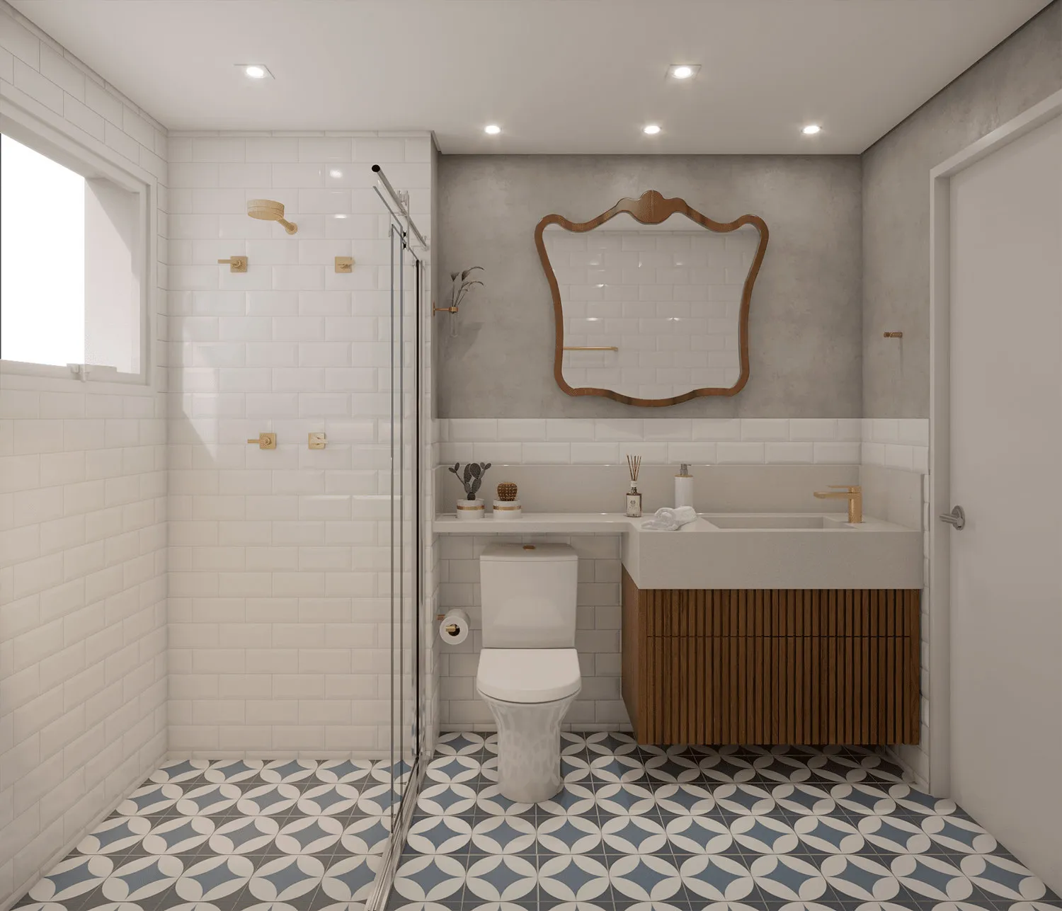 Render do banheiro com metrô branco, espelho de moldura de madeira ondulada, bancada ripada, metais dourados e piso geométrico azul