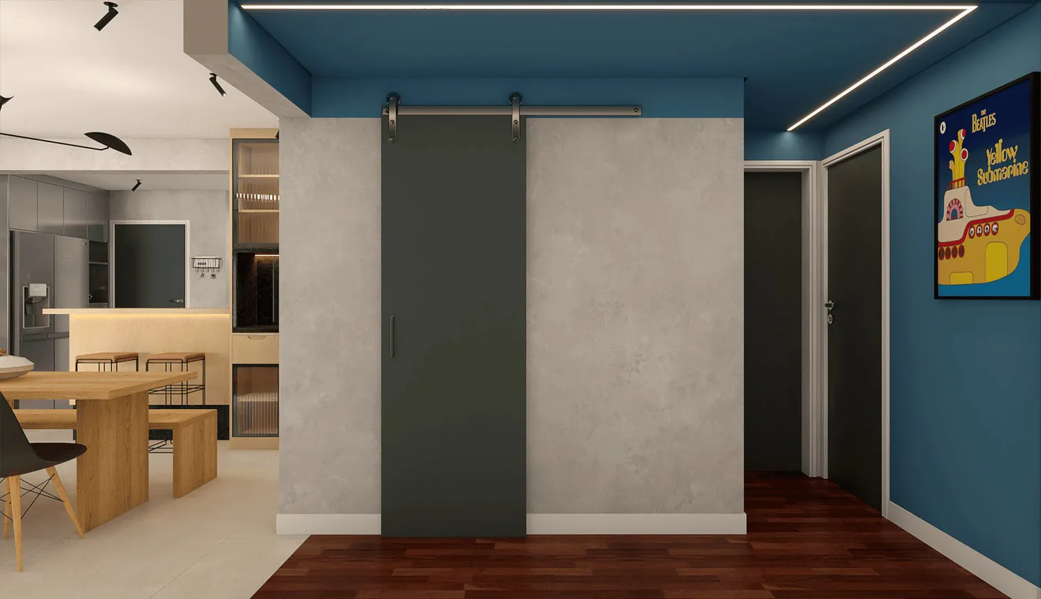 Render do hall com porta de correr de madeira em trilho aparente, cimento queimado e teto azul