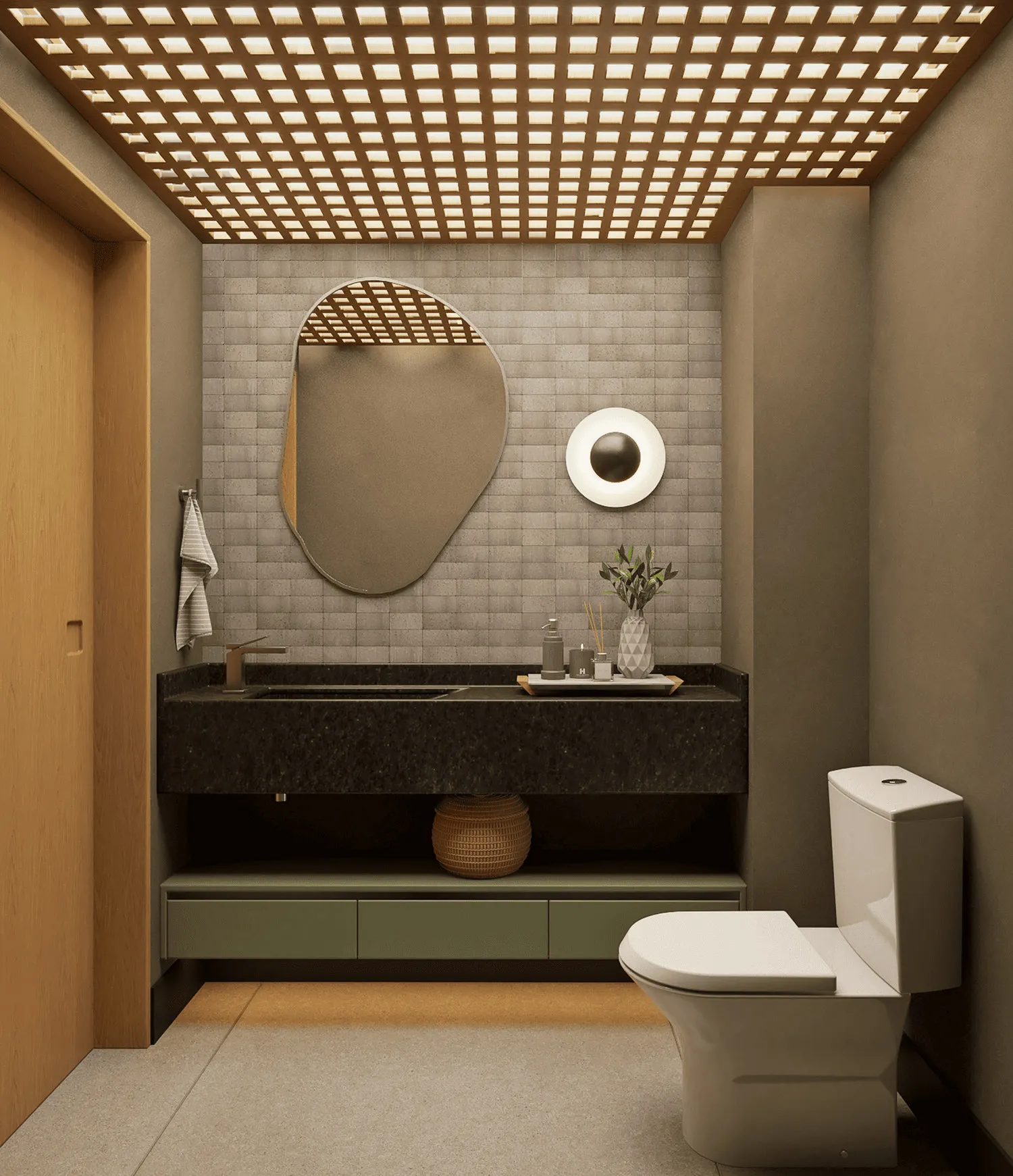 Render do lavabo com forro ripado iluminado, espelho orgânico, bancada de granito preto e gaveteiro verde
