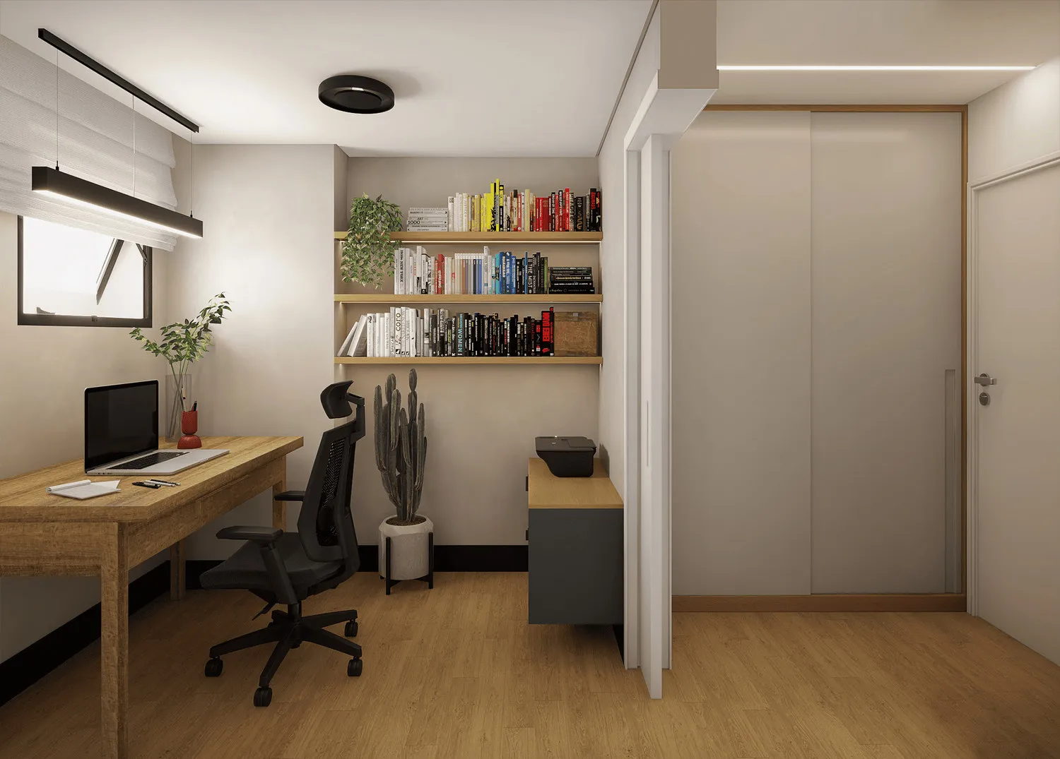 Projeto 3D do home office com mesa de madeira, cadeira ergonômica preta, prateleiras de livros e cacto