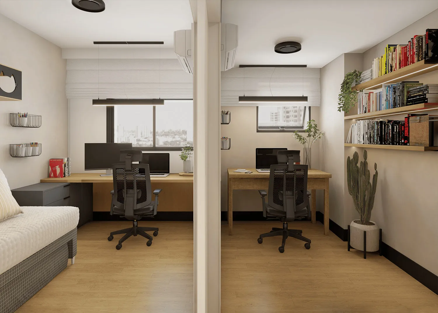 Render do quarto com home office: cama, escrivaninha de madeira, cadeira ergonômica e prateleiras de livros