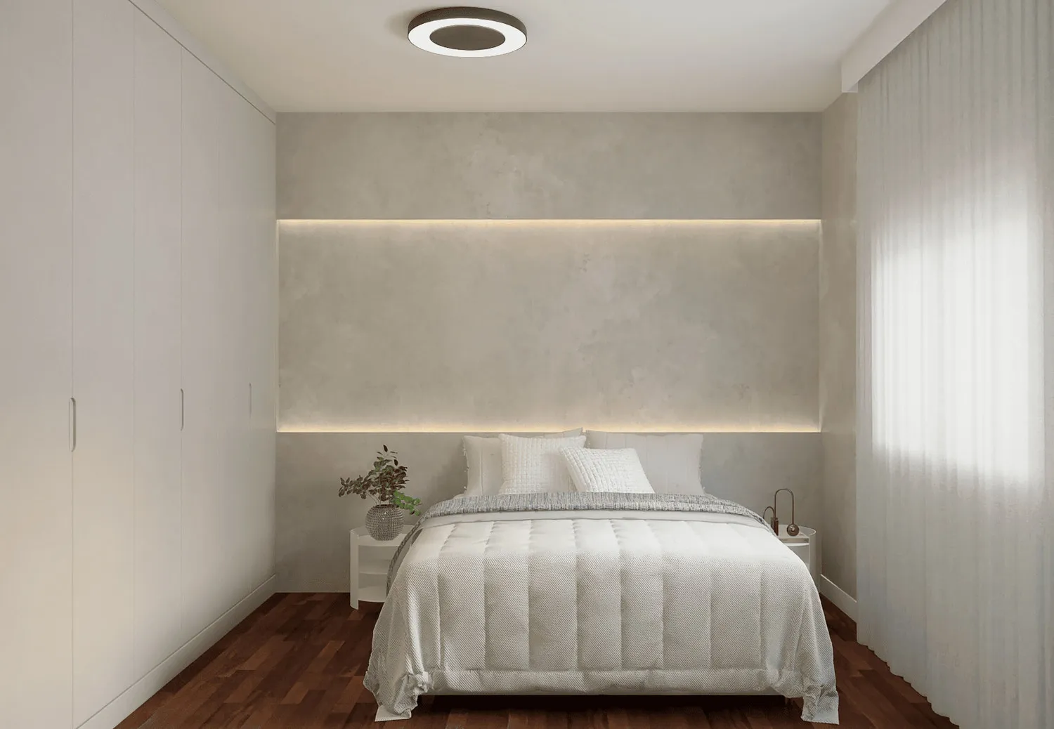 Render do dormitório com cabeceira de cimento queimado iluminada, guarda-roupa branco e cortina