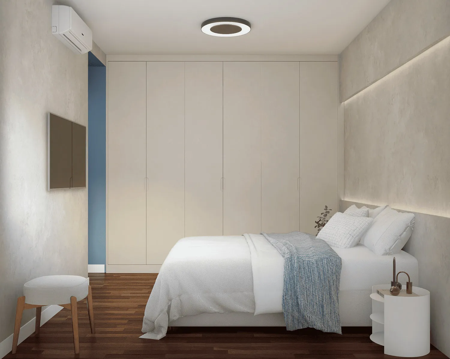 Projeto 3D do quarto com guarda-roupa bege planejado, parede azul e cabeceira de cimento queimado
