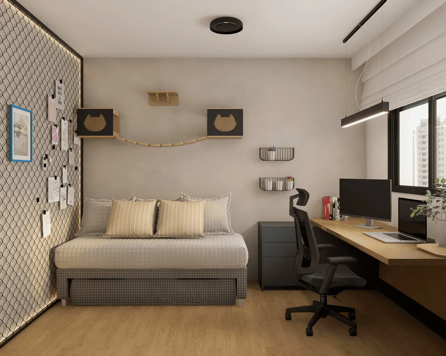 Projeto 3D do quarto com painel telado de recados, cama box cinza, nichos para gato e bancada de estudo