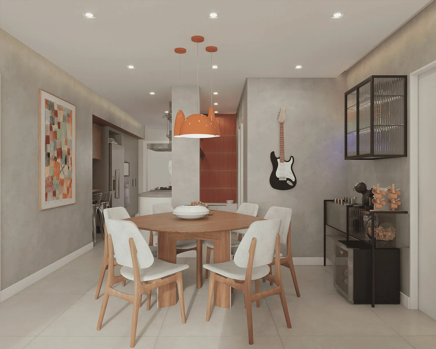 Render da sala de jantar com mesa de madeira, cadeiras estofadas brancas, pendentes laranja e guitarra na parede