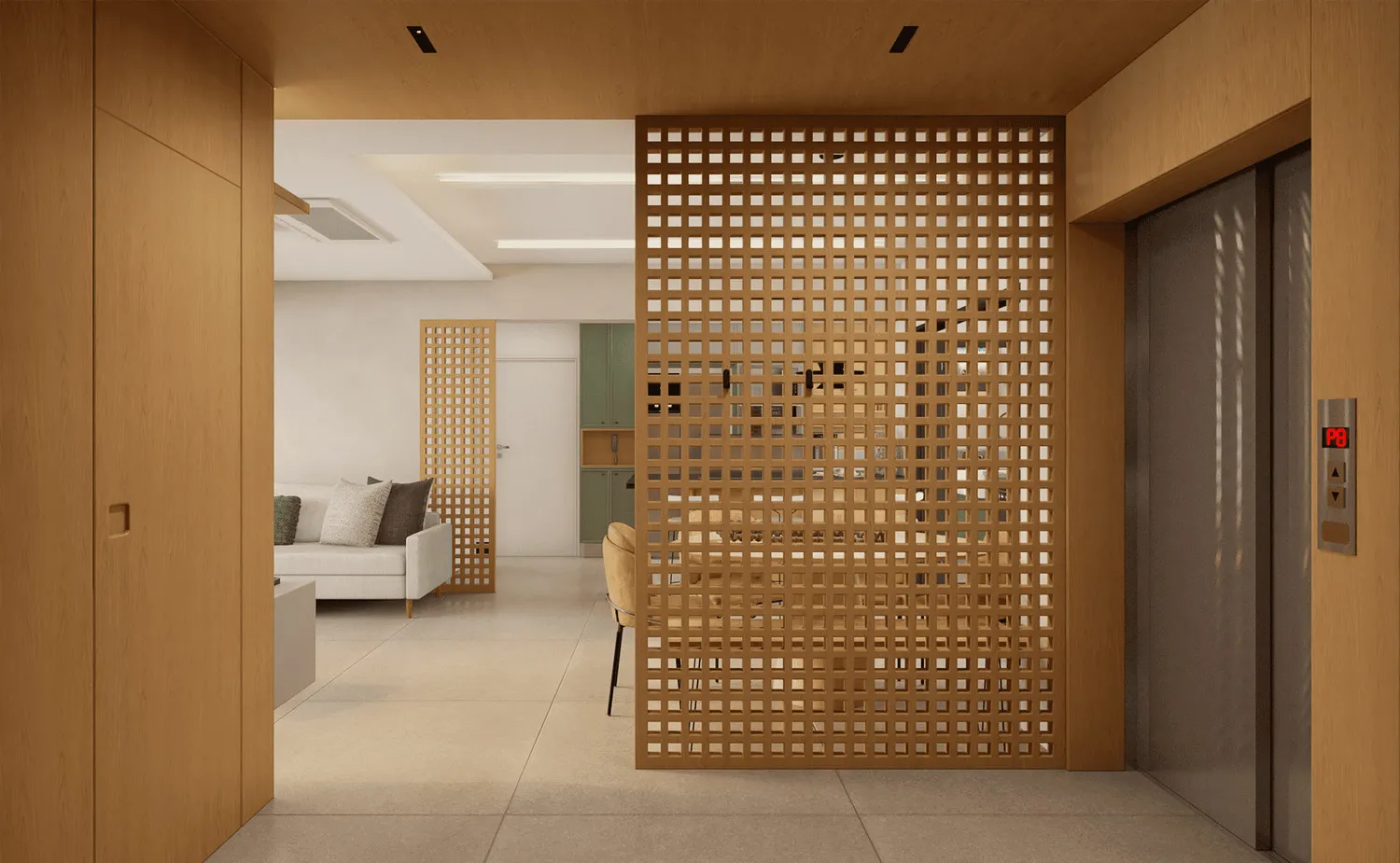 Projeto 3D do hall com painel vazado de madeira, elevador e sala de estar integrada ao fundo
