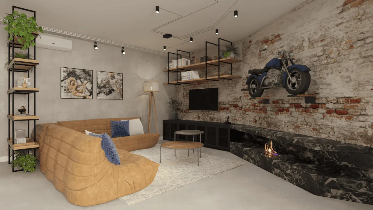 Render da sala de estar com sofá de couro caramelo, parede de tijolo, moto azul exposta e lareira em mármore preto