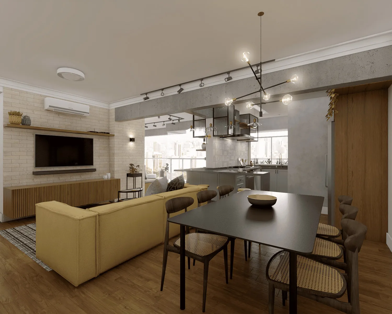 Projeto 3D integrado com sofá amarelo, painel de tijolo branco com TV, mesa de jantar preta e cozinha verde ao fundo