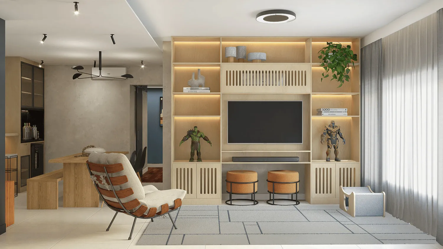 Render da sala de TV com estante de madeira clara iluminada, colecionáveis, poltrona Costela e puffs laranja