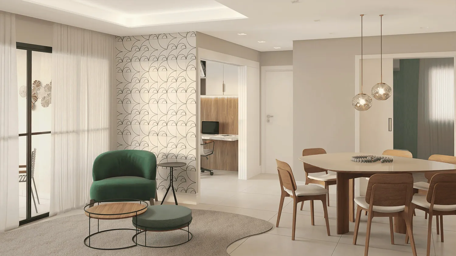 Render da sala de estar e jantar com poltrona verde, painel geométrico branco, mesas laterais e mesa oval de madeira com pendentes