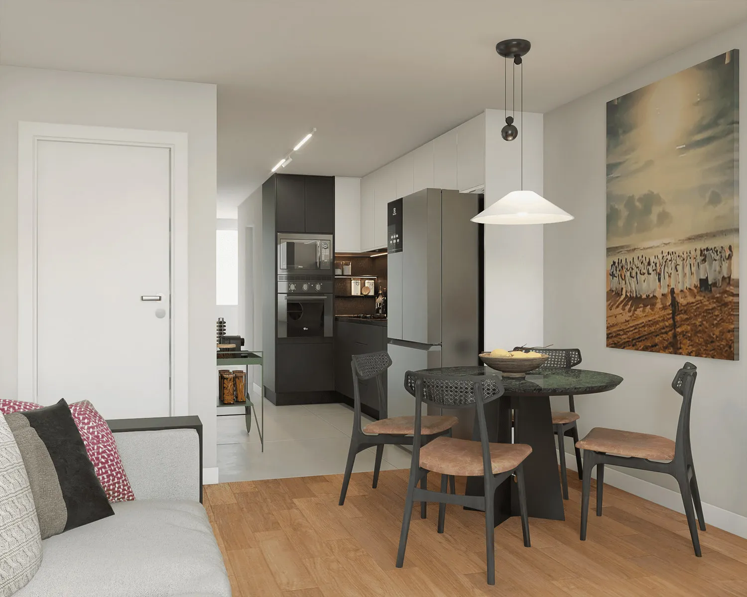 Render integrando sala de jantar e cozinha ao fundo com marcenaria preta, geladeira inox e quadro grande na parede
