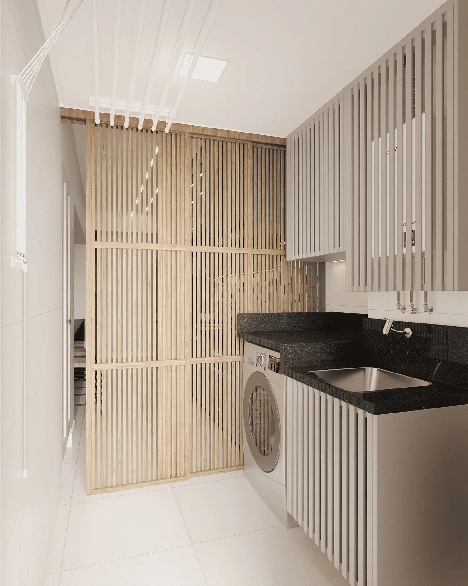 Render da lavanderia com painéis ripados de madeira, bancada de granito preto, cuba inox, máquina de lavar e varal de teto